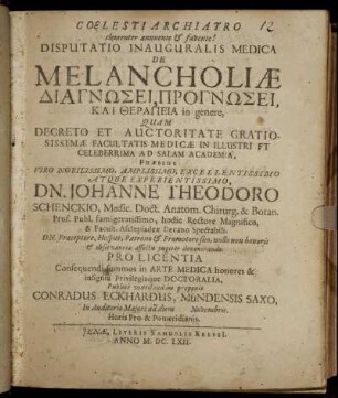 Disputatio Inauguralis Medica De Melancholiae Diagnoōsei, Prognōsei, Kai Therapeia in genere