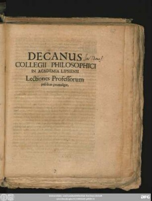 Decanus Collegii Philosophici In Academia Lipsiensi Lectiones Professorum publicas promulgat : [P. P. Dominica Rogationum 4. Maii, A. C. M. DC. LXII.]