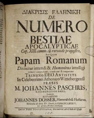 Diakrisis Ellēnikē De Numero Bestiae Apocalypticae Cap. XIII. comm. 18. rotunde proposito