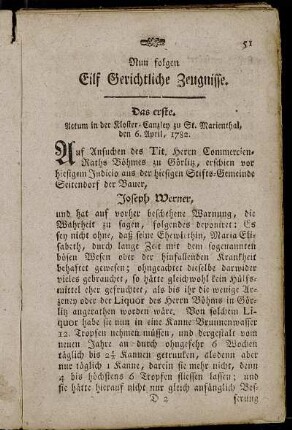 Nun folgen Eilf Gerichtliche Zeugnisse.