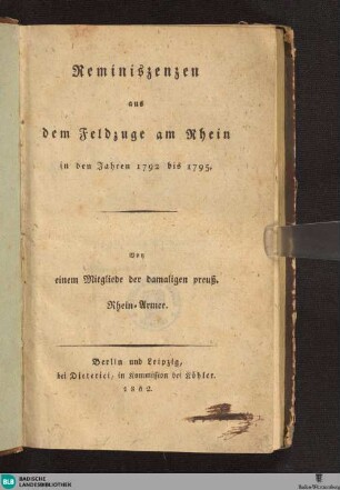 Reminiszenzen aus dem Feldzuge am Rhein : in den Jahren 1792 - 1795