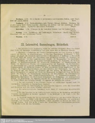 III. Lehrmittel, Sammlungen, Bibliothek