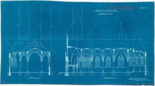 St. Marien, Herne-Baukau Erweiterung und Neubau von Kaplanei und Schwesternhaus: Quer- und Längsschnitt der Kirche mit Gewölbeplan 1:100