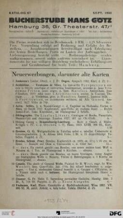 Beilage (Katalog Nr. 67): Neuerwerbungen, darunter alte Karten (Nr. 1-164)