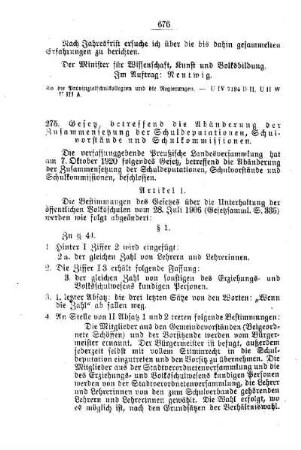 Gesetz, betreffend die Abänderung der Zusammensetzung der Schuldeputationen, Schulvorstände und Schulkommissionen : [B. Allgemeine Angelegenheiten der Unterrichtsanstalten]