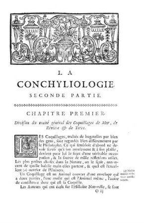Chapitre Premier. Division du traité général des Coquillages de Mer, de Riviére & de Terre