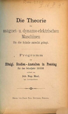 Die Theorie der magnet- u. dynamo-elektrischen Maschinen : für die Schule zurecht gelegt