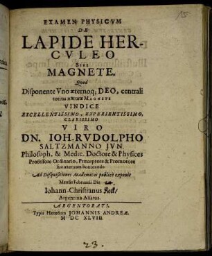 Examen Physicum De Lapide Herculeo Sive Magnete
