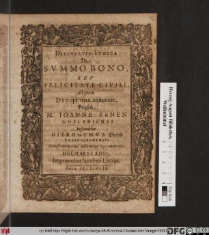Disputatio Ethica De Summo Bono, Seu Felicitate Civili
