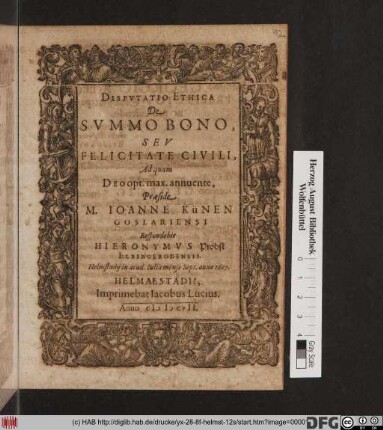 Disputatio Ethica De Summo Bono, Seu Felicitate Civili