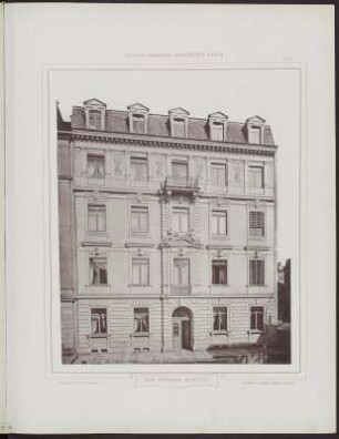 Dresdener Architektur-Album. Bauten und Entwürfe. Blatt 26: Wohnhaus (Zinshaus) Lindenstrasse 6 in Dresden, Ansicht. Hrsg. vom Dresdener Architekten-Verein. Dresden: Verlag George Gilbers/Buchhandlung für Architektur und Kunstgewerbe, 1875