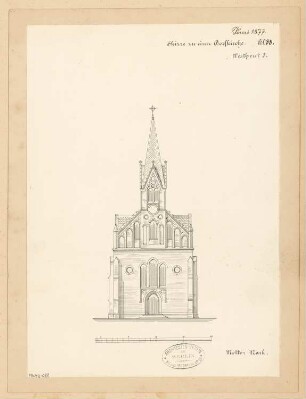 Zweischiffige Dorfkirche in märkischem Backstein für 300 Sitzplätze Monatskonkurrenz Juni 1877: Variante 3: Aufriss Turmansicht (Eingang); Maßstabsleiste