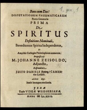 Ps. Generalis, De Spiritu eiusque Attributis, 1: De Spiritus Definitione Nominali : ad diem Sept. ...
