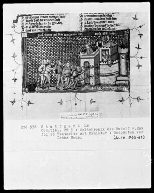 Weltchronik des Rudolf von Ems — Lot und die zwei Engel, Folio 26recto