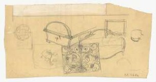 Skizzen und Studien : Skizzen und Studien zu Ornamenten, floralen Motiven, Stern, Bettrahmen; lavierte Zeichnung an oberer Kante abgeschnitten
