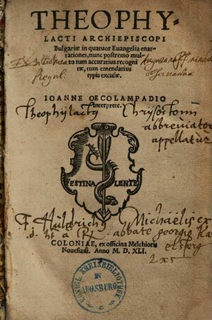 Theophylacti archiepiscopi Bulgariae in quatuor evangelia enarrationes : nunc postremo multo tum accuratius recognitae, tum emendatius typis excusae