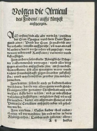 Volgen die Articul des Fridens/ auffs kürtzest außgezogen.