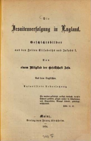 Die Jesuitenverfolgung in England : Geschichtsbilder aus den Zeiten Elisabeths und Jakobs I.