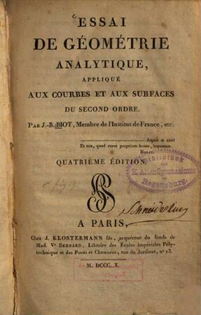 Essai de géometrie analytique, appliqué aux courbes et aux surfaces du second ordre