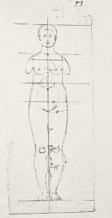 Frau ohne Arme von vorn mit Proportionsangaben : Dresdner Skizzenbuch (1507/1528). Frau ohne Arme von vorn mit Proportionsangaben (aus: R. Bruck: Das Skizzenbuch von Albrecht Dürer, Straßburg 1905, Tafel 91, Blatt 155r, Str. 7, Kriegsverlust). Dresden: SLUB Mscr.Dresd.R.147.f