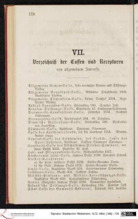 VII. Verzeichniß der Cassen und Recepturen von allgemeinem Interesse.