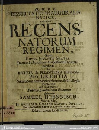 Dissertatio exhibens recens natorum regimen