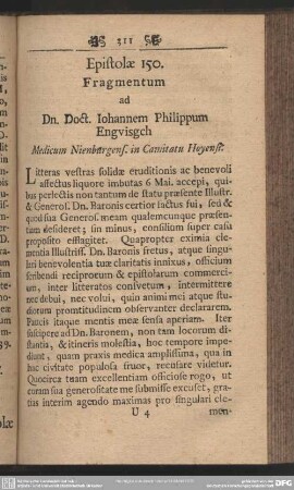 Epistolae 150. Fragmentum ad Dn. Doct. Iohannem Philippum Engvisgch Medicum Nienburgens. in Camitatu Hoyensi.