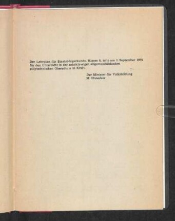 Der Lehrplan für Staatsbürgerkunde; Klasse 8 ...