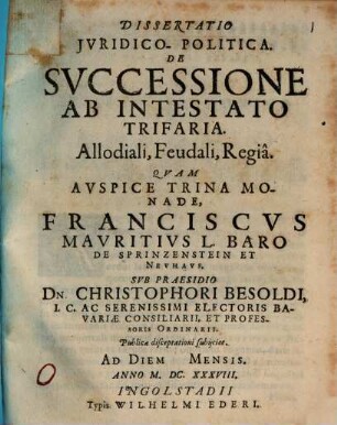 Dissertatio Jvridico-Politica. De Svccessione Ab Intestato Trifaria : allodiali, feudali, regia