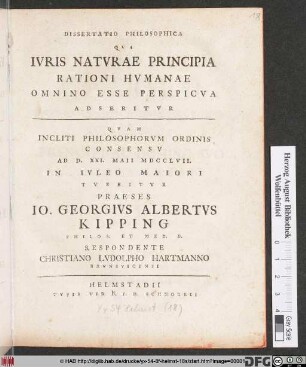 Dissertatio Philosophica Qva Ivris Natvrae Principia Rationi Hvmanae Omnino Esse Perspicva Adseritvr