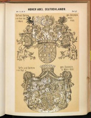 Taf. 59. Grf. v. d. Osten gen. Sacken. n. d. Dipl. d. d. Wien 1. März 1768. - Grfn. v. d. Osten gen. Sacken. n.d. Dipl. v. 9. März 1800.
