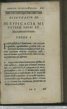 Disputatio XII De Efficacia Ministerij Verbi Et Sacramentorum