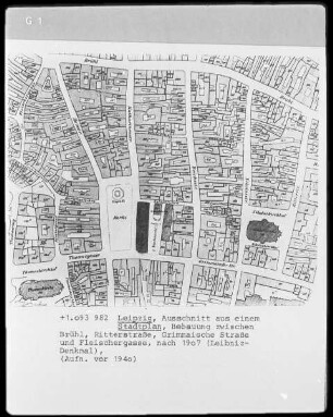 Stadtplan Leipzig (Ausschnitt, Bebauung zwischen Brühl, Ritterstraße, Grimmaische Straße und Fleischergasse