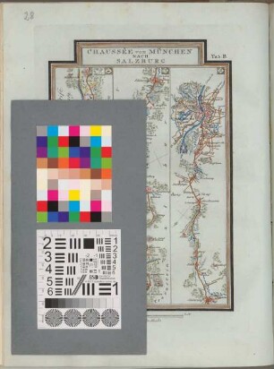 Reise Atlas von Bajern oder Geographisch-geometrische Darstellung aller bajrischen Haupt- und Landstraßen mit den daranliegenden Ortschaften und Gegenden : nebst Kurzer Beschreibungen alles dessen, was auf und an einer jeden der gezeichneten Straßen für den Reisenden merkwürdig seyn kann. [Gewidmet] Joseph August Grafen von Toerring, 28. Chaussée von München Nach Salzburg : Tab. B