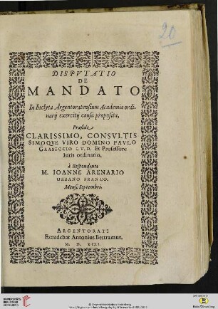 Dispvtatio De Mandato : In Inclyta Argentoratensium Academia ordinarij exercitij causa proposita