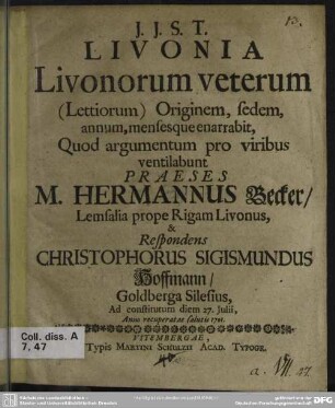 Livonia Livonorum veterum (Lettiorum) Originem, sedem, annum, mensesque enarrabit