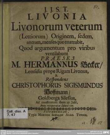 Livonia Livonorum veterum (Lettiorum) Originem, sedem, annum, mensesque enarrabit