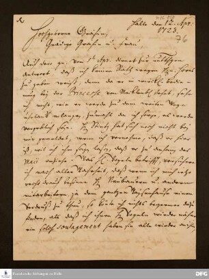 Brief von August Hermann Francke an Maria Eleonore Emilia v. Reuß-Köstritz.