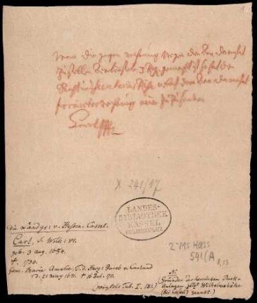 Brief von Karl, Hessen-Kassel, Landgraf an Hessen-Kassel