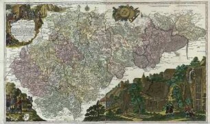 Karte vom Erzgebirgischen Kreis, 1:170 000, Kupferstich, nach 1739 : Mappa Geographica Circuli Metalliferi Electoratus Saxoniae cum omnibus, quae in eo comprehenduntur Praefecturis Et Dynastiis : quales sunt I. Praef. Zwickavienses, II. Praef. Schwarzenbergens. III. Dyn. Hartenstein, IV. Glaucha, V. Praef. Lemsa, VI. Praef. Waldenburg, VII Praef. Rochsburg, VIII. Praef. Penig, IX. Praef. Wechselburg, X. Praef. Chemnit, XI Praef. Stollberg, XII Praef. Grunhayn, XIII. Praef. Wolckenstain, XIV. Praef. Lauterstein, XV. Praef. Augustopolit. XVI. Praef. Franckenberg, XVII Praef. Nossen, XVIII Praef. Freyberg, XIX. Praef. Grullenburg, XX Praef. Frauenstein, XXI Praef. Altenberg, XXII Praef. Dippoldiswalda, Accedunt praefecturae circuli Misnici XXIII. Praef. Pirnensis cum Dyn. Lauenstein, XXIV. Praef. Loehmen, XXV. Praef. Hohenstein ; Cum Priv. S. M. Polon. et Elect. Saxon. / cura Matth. Seutter, Geogr. Caesar. Aug. Vind. Tob. Conr. Lotter sculpsit. - [Ca. 1:170 000]. - Aug. Vind. , [nach 1739]. - 1 Kt. auf 2 Bl. : Kupferst. ; Gesamtgr. 96 x 56 cm, je Teil 48 x 56 cm