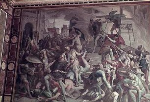 Westwand: Die Burgunder verteidigen sich vor der brennenden Halle