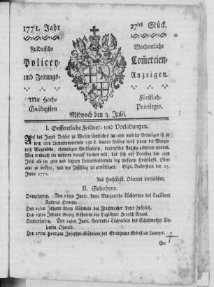 27tes Stück, Ausgabe vom 3. Julii 1771