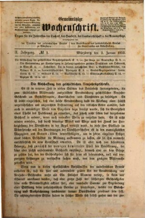 Gemeinnützige Wochenschrift : Organ für Technik, Volkswirthschaft u. Armenpflege. 2. 1852