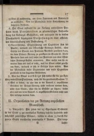 II. Organisation der zur Rettung angestellten Mannschaft.