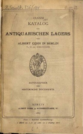 ...Catalog des antiquarischen Bücherlagers von Albert Cohn : [Auch m. franz. Tit.], 181