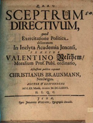 Sceptrum directivum ... exercitatione politica delineatum