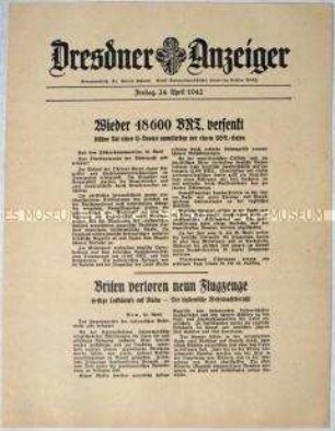 Nachrichtenblatt "Dresdner Anzeiger" mit Meldungen des OKW und des italienischen Oberkommandos, überwiegend zum Seekrieg