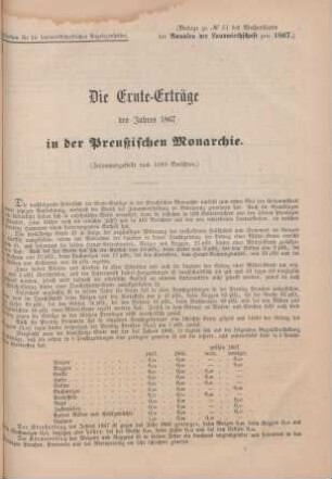 1867: Die Ernte-Erträge des Jahres 1867 in der Preußischen Monarchie