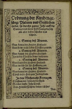 Ordnung der Kirchengesäng/ Psalmen und Geistlichen Lieder [...]