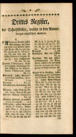 Drittes Register, der Schriftsteller, welche in den Anmerkungen angeführet werden